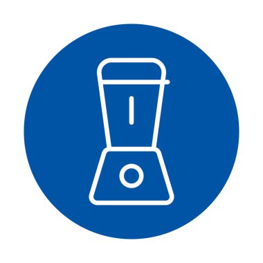 Canlı mavi arkaplana karşı beyaz olarak sunulan minimalist bir blender simgesi, modern mutfak tasarımları ve mutfak grafiklerinde kullanmak için mükemmel..