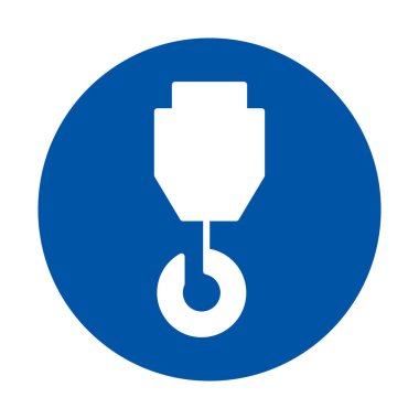 Bu grafik, inşaat, endüstri ve güvenlik uygulamaları için ideal, sağlam mavi arkaplan üzerine kurulu beyaz bir vinç kancası ikonunu içerir..