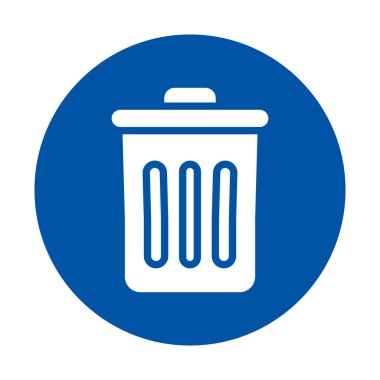 Bu resim mavi dairesel arkaplan içinde basit bir çöp kutusu simgesi içerir. Minimalist tasarımı, atık yönetimi ve temizlik hizmetleri ile ilgili çeşitli uygulamalar için uygun hale getirir.