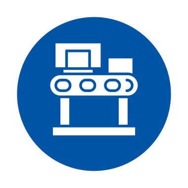 Endüstriyel kullanımlar için uygun basit bir taşıyıcı bant tasarımına sahip mavi daire simgesi, çeşitli uygulamalarda ulaşım ve lojistik süreçleri temsil ediyor.