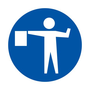 Mavi bir dairede kare bir nesneyle sinyal gönderen basit bir insan figürü grafiği. Çeşitli tasarımlarda ikaz, iletişim ya da güvenlik mesajları iletmek için ideal.