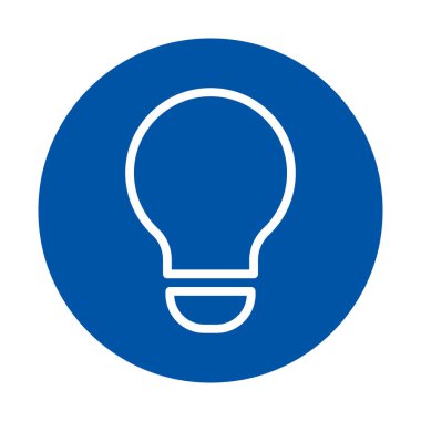 Mavi bir dairenin üzerinde, yaratıcılığı ve yeniliği simgeleyen temiz ve modern bir ampul ana hatları. Tasarım, teknoloji ve ilham temaları için ideal.