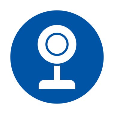 Bu resim, çeşitli uygulama ve aygıtlar için teknolojiyi ve çevrimiçi iletişimi temsil eden mavi dairesel bir arkaplan üzerinde basit bir webcam simgesi içerir..