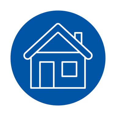 Bu minimalist çizgi sanat evi ikonu, ev, güvenlik ve toplum kavramlarını temsil eden canlı mavi bir arkaplan üzerinde basit bir tasarım içerir..