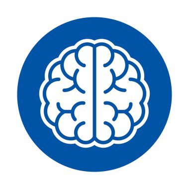 Dijital projeler, eğitim materyalleri ve yaratıcı çizimler için mükemmel, mavi bir dairede kapsüllenmiş basit bir beyin simgesi..