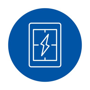 Bu grafik, parlak mavi arkaplana karşı temiz ve modern bir elektrikli cıvata simgesini içeriyor. Enerji ile ilgili kavramlar ve tasarım projeleri için ideal.