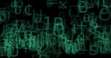 Çeşitli turkuaz büyük semboller ve sayılar 4k-matrix paradigma sanal dünyanın siyah arka plan rasgele görünür