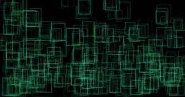 Siyah arka plan 4k Dci üzerinde uzayda yeşil kareler boş matris düşme hareketi yeni paradigma