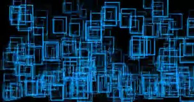 Siyah arka plan 4k Dci 17:9 üzerinde uzayda mavi kareler boş matris düşme hareketi yeni paradigma