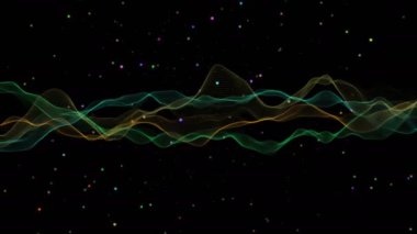 Derin, siyah bir dış uzay arka planında uçan yıldızlarla eğimli çizgilerden güzel matematiksel dalgalar.