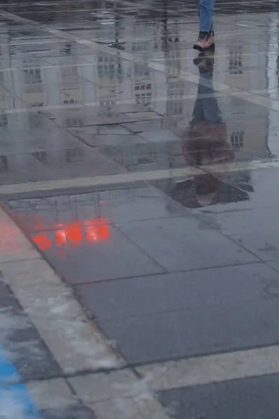 Drawing Paving Slabs Heavy Spring Rain Reflection — Stock Photo, Image