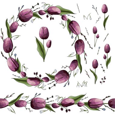 Bahar Laleler, Çiçek buketi tasarım, Çelenk, Elemanları, Vektör tasarımcı elemanı seti, Dikişsiz fırça