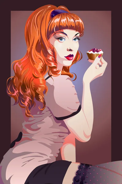 Vector pin-up menina com cabelo vermelho exuberante — Vetor de Stock