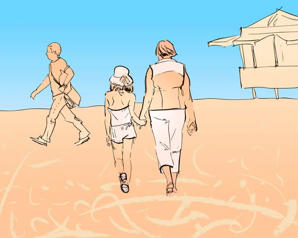 Oma und Enkelin spazieren am Strand entlang — Stockvektor