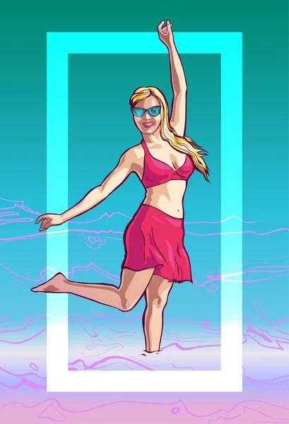 Ilustración alegre del verano con una mujer atractiva delgada — Vector de stock