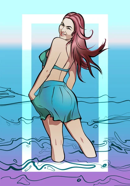 Fröhliche Sommer-Illustration mit einer schlanken attraktiven Frau im Badeanzug — Stockvektor