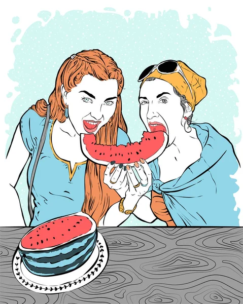 Porträt zweier junger Mädchen, die ein großes Stück rote, saftige Wassermelone essen — Stockvektor
