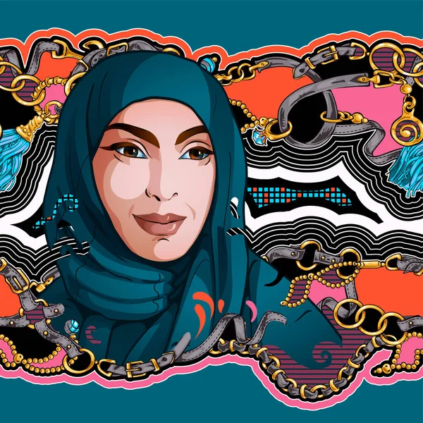 Портрет Красивой Арабки Хиджабе Замысловатом Декоративном Фоне Шаблон Открыток Мусульманские Векторная Графика