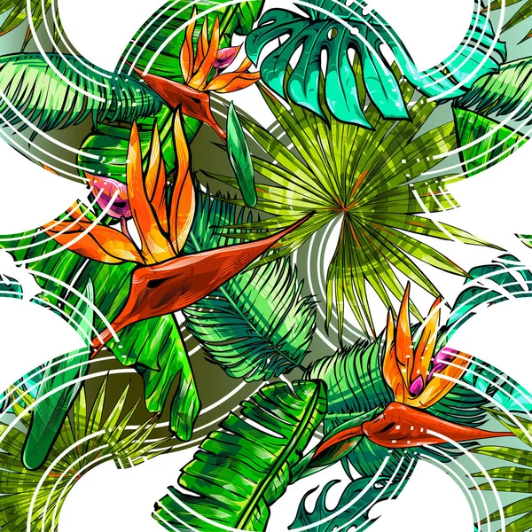 Textura Sem Costura Sobre Tema Dos Trópicos Selva Folhas Palmeira — Vetor de Stock
