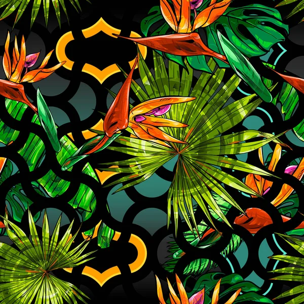 熱帯をテーマにしたシームレスなテクスチャ ヤシの葉 モンステラ バナナの葉 ストレリッツィア ヘリコニアの花からのジャングル 包装用テンプレート — ストックベクタ