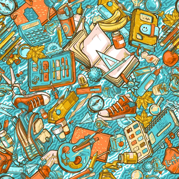 Школьный Бесшовный Рисунок Рюкзаком Облаком Образовательного Оборудования Красочный Подробный Многими Стоковая Иллюстрация