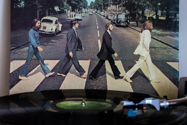 Naples Italy August 2019 Turntable Abbey Road Vinyl Beatles Background Stock Picture