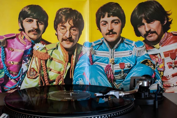 Naples Italy August 2019 Turntable Abbey Road Vinyl Beatles Background Stock Photo