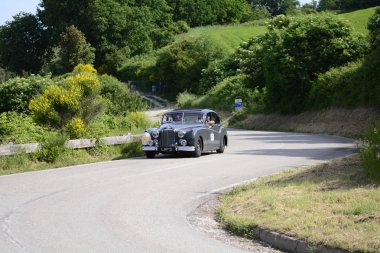 Pesaro Colle San Bartolo, İtalya - Mayıs 17-2018: Jaguar Mk Vii1951 eski yarış otomobil Rallisi'nde Mille Miglia 2018 ünlü İtalyan tarihi Formula (1927-1957)