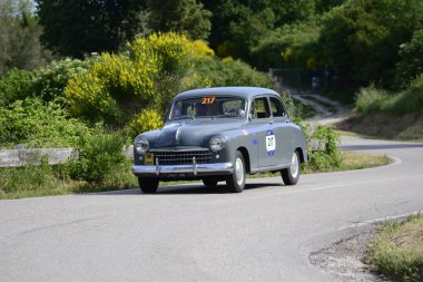 Pesaro Colle San Bartolo, İtalya - Mayıs 17-2018: Fiat 14001951 eski yarış otomobil Rallisi'nde Mille Miglia 2018 ünlü İtalyan tarihi Formula (1927-1957)