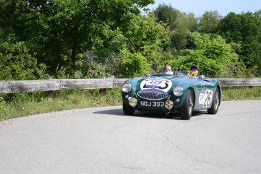 Pesaro Colle San Bartolo, İtalya - Mayıs 17-2018: Austin iyileşmek. 100 S1953 eski yarış araba ralli Mille Miglia 2018 ünlü İtalyan tarihi Formula (1927-1957)