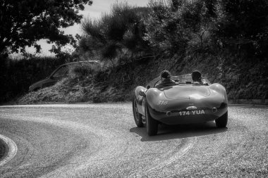 Pesaro Colle San Bartolo, İtalya - Mayıs 17-2018: Maserati A6gcs/53 Fantuzzi1954 üzerinde eski bir yarış araba ralli Mille Miglia 2018 ünlü İtalyan tarihi Formula (1927-1957)