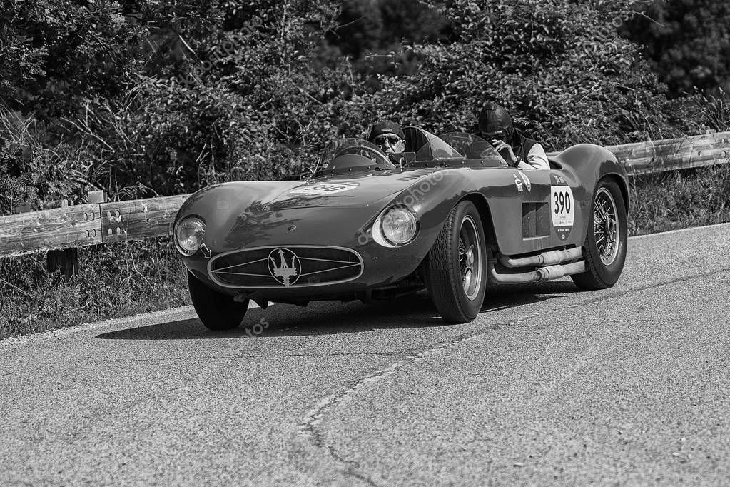 PESARO COLLE SAN BARTOLO , ITALY - MAY 17 - 2018 : MASERATI 300 SPIDER FANTUZZI1955 old racing car in rally Mille Miglia 2018 the famous italian historical race (1927-1957)