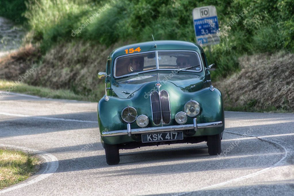 PESARO COLLE SAN BARTOLO , ITALY - MAY 17 - 2018 : BRISTOL 4001948 old racing car in rally Mille Miglia 2018 the famous italian historical race (1927-1957)