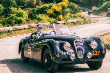 Pesaro Colle San Bartolo, İtalya - Mayıs 17-2018: Jaguar Xk 140 Ots 1956 tarihinde eski bir yarış araba ralli Mille Miglia 2018 ünlü İtalyan tarihi Formula (1927-1957)