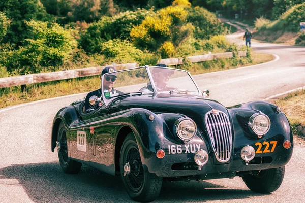 Pesaro Colle San Bartolo, İtalya - Mayıs 17-2018: Jaguar Xk 140 Ots 1956 tarihinde eski bir yarış araba ralli Mille Miglia 2018 ünlü İtalyan tarihi Formula (1927-1957)