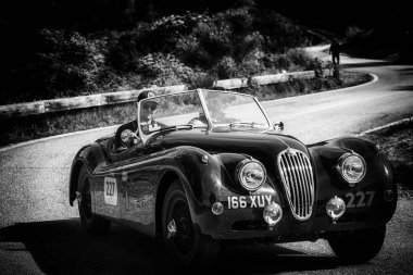 Pesaro Colle San Bartolo, İtalya - Mayıs 17-2018: Jaguar Xk 140 Ots 1956 tarihinde eski bir yarış araba ralli Mille Miglia 2018 ünlü İtalyan tarihi Formula (1927-1957)