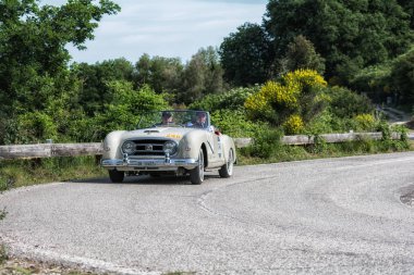 Pesaro Colle San Bartolo, İtalya - Mayıs 17-2018: Nash Healey Le Mans 1952 eski bir yarış araba ralli Mille Miglia 2018 ünlü İtalyan tarihi Formula (1927-1957)