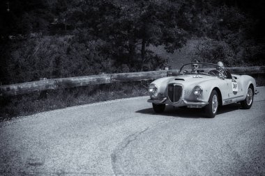 Pesaro Colle San Bartolo , İtalya - 17 Mayıs - 2018 : Faccioli Fiat 750 S 1948 ralliMille Miglia 2018 ünlü İtalyan tarihi yarış (1927-1957) eski bir yarış otomobili üzerinde)