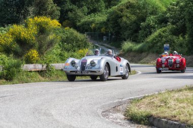 Pesaro Colle San Bartolo , İtalya - 17 Mayıs - 2018 : Jaguar Xk 120 Ots 1951 ralli Mille Miglia eski bir yarış otomobili 2018 ünlü İtalyan tarihi yarış (1927-1957) 