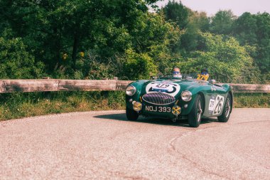 Pesaro Colle San Bartolo, İtalya - Mayıs 17-2018: Austin Healey 100 S 1953 tarihinde eski bir yarış araba ralli Mille Miglia 2018 ünlü İtalyan tarihi Formula (1927-1957