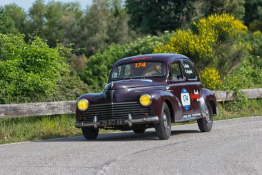 Pesaro Colle San Bartolo, İtalya - Mayıs 17-2018: Peugeot 203 1949 eski yarış araba Mille Miglia ralli 2018 ünlü İtalyan tarihi Formula (1927-1957)