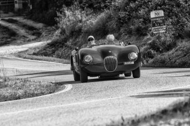 Pesaro Colle San Bartolo, İtalya - Mayıs 17-2018: eski bir yarış araba ralli Mille Miglia 2018 ünlü İtalyan tarihi Formula (1927-1957 Jaguar C tipi 1952)