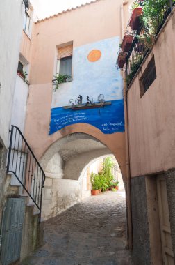 ORGOSOLO - İtalya - 15 AGOSTO 2020: Orgosolo İtalya 'da Murales 1969' dan beri duvar resimleri Sardunya 'nın siyasi mücadeleleri ve uluslararası meselelerinin farklı yönlerini yansıtıyor