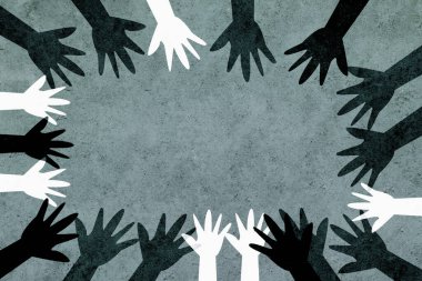 Dünyanın farklı renk ve kültürlerinden eller ırkçılığa karşı bir daire içinde birleşir. Güçlü bir ırkçılık karşıtı tasarım..