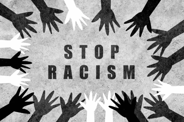 Mãos Diferentes Cores Culturas Mundo Unem Círculo Contra Racismo Design — Fotografia de Stock