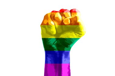 Gururlu Igbt konsepti. Beyaz arka planda özgürlük ve eşitlik isteyen lgbt bayrağıyla yükselen yumruk.