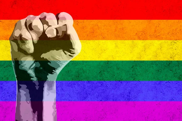 Концепция Гордости Поднятый Кулак Просит Свободы Равенства Флагом Lgbt Фоновом — стоковое фото