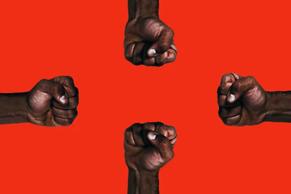 Powerful African Black Fists Raised Calling Freedom Equality Red Background — Stock Photo, Image