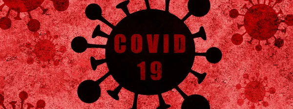 Coronavirus Covid Covid Grip Virüsünün Hücreleri Kırmızı Arkaplanda Salgın Gribi — Stok fotoğraf