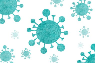 COVID-19 grip virüsünün çeşitli yeşil tıbbi hücreleri. Beyaz arka planda Coronavirus Covid 19 salgını gribi tasarımı.